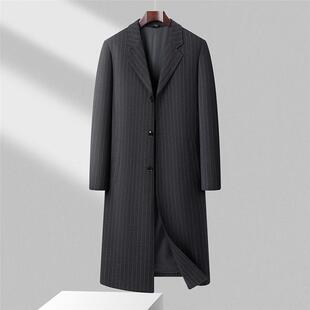 装领风衣男中款竖条长806-WL纹羊毛西长款过膝外套中年春秋服西装