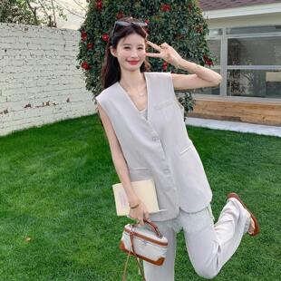 老钱2b186-8风蕾拼三接短袖西装套装女夏季新款韩气丝质阔腿系裤