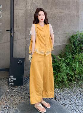 黄色复蕾丝拼裤接马新C259-266甲女夏季款一整套古短袖恤阔腿三件