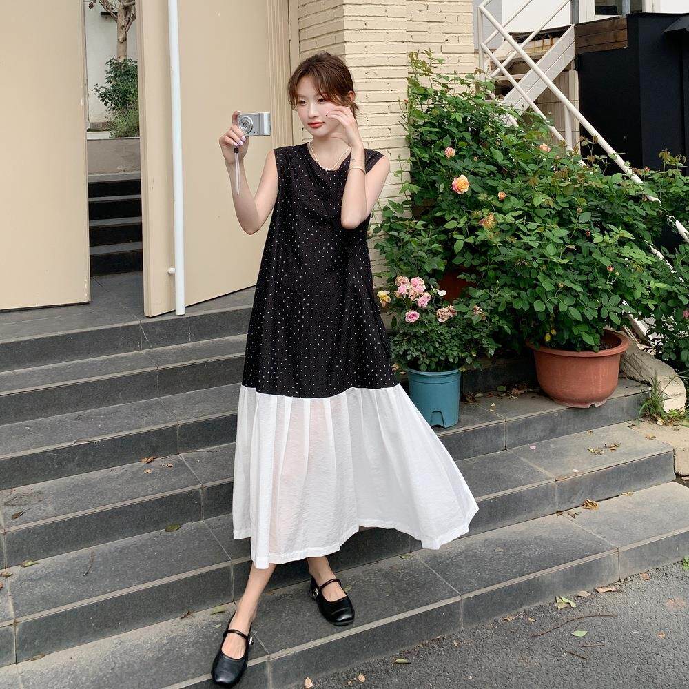 系慵懒风黑色波点无袖连衣夏裙女新款气质D151-807显瘦韩拼接季背