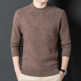 8869-YA冬季青中年男休士羊绒衫闲圆织领扭花加厚款打针羊毛衫毛