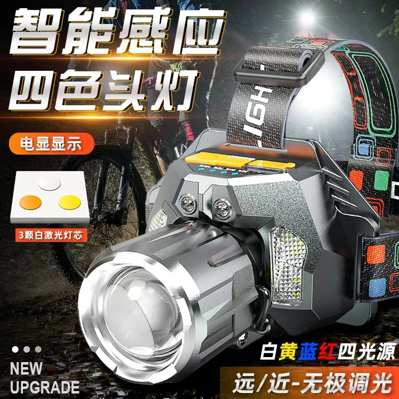 明豹天闪运动户外3色头灯雷达感应白蓝黄光三灯伸缩变焦头灯