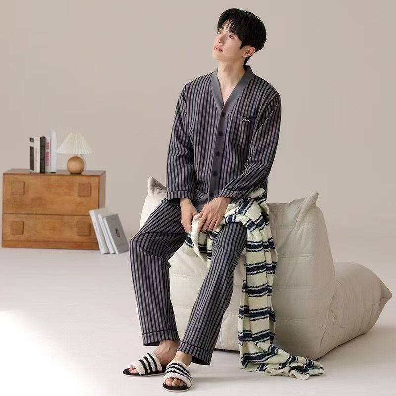 睡衣男士春秋季空调长袖中青年开衫大码休闲秋冬款家居服套装