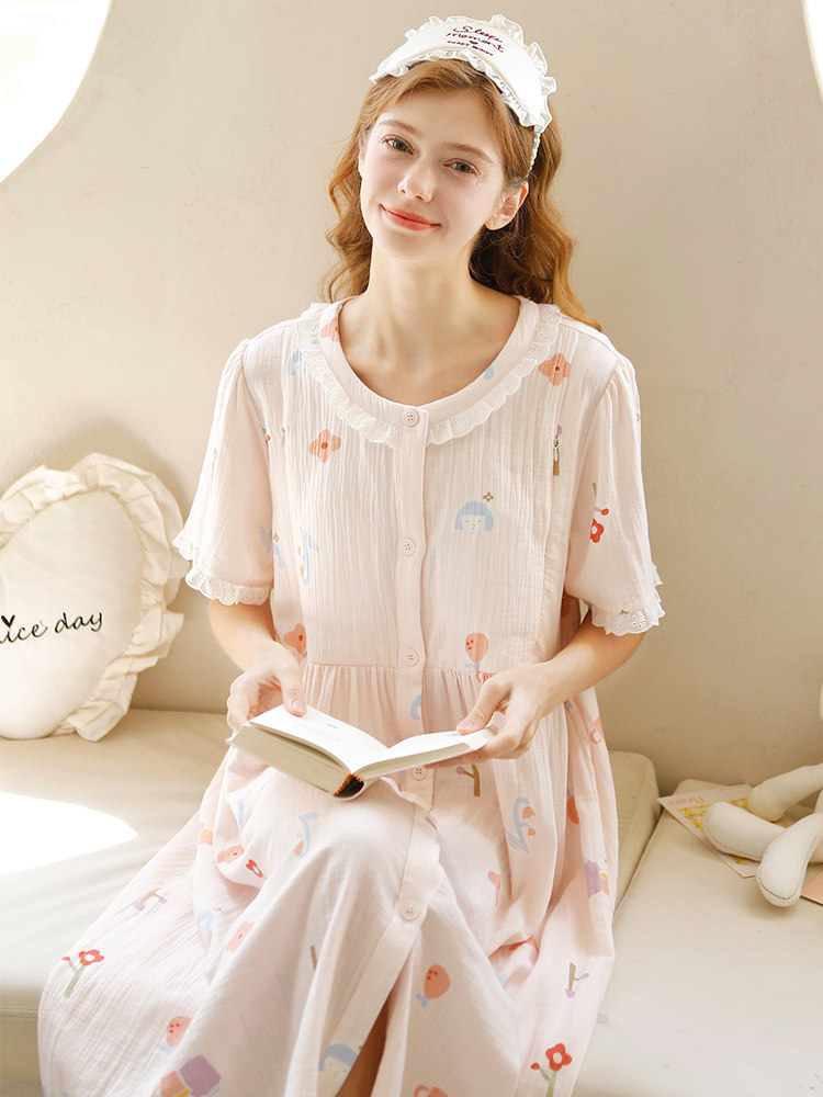 홈 시간 간호 잠옷 여름 순수 코튼 거즈 산후 출산 잠옷 복장 간호 및 임신 홈 스커트