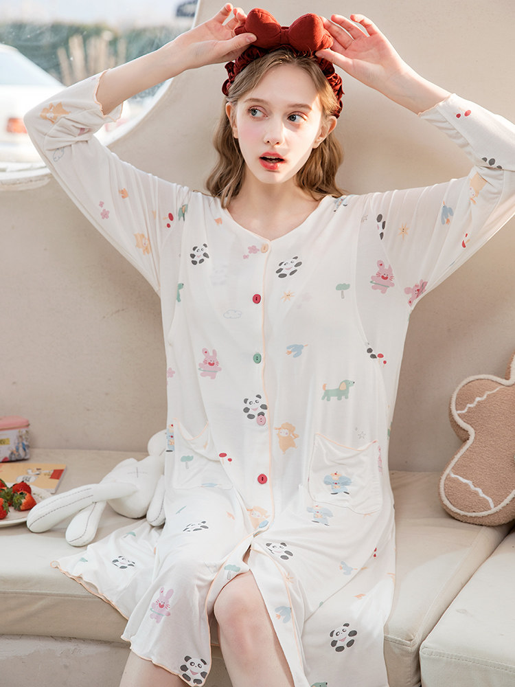 홈 시간 모유 수유 잠옷 여름 얇은 산후 모달 얼음 실크 코튼 출산 잠옷 복장 출산 복장