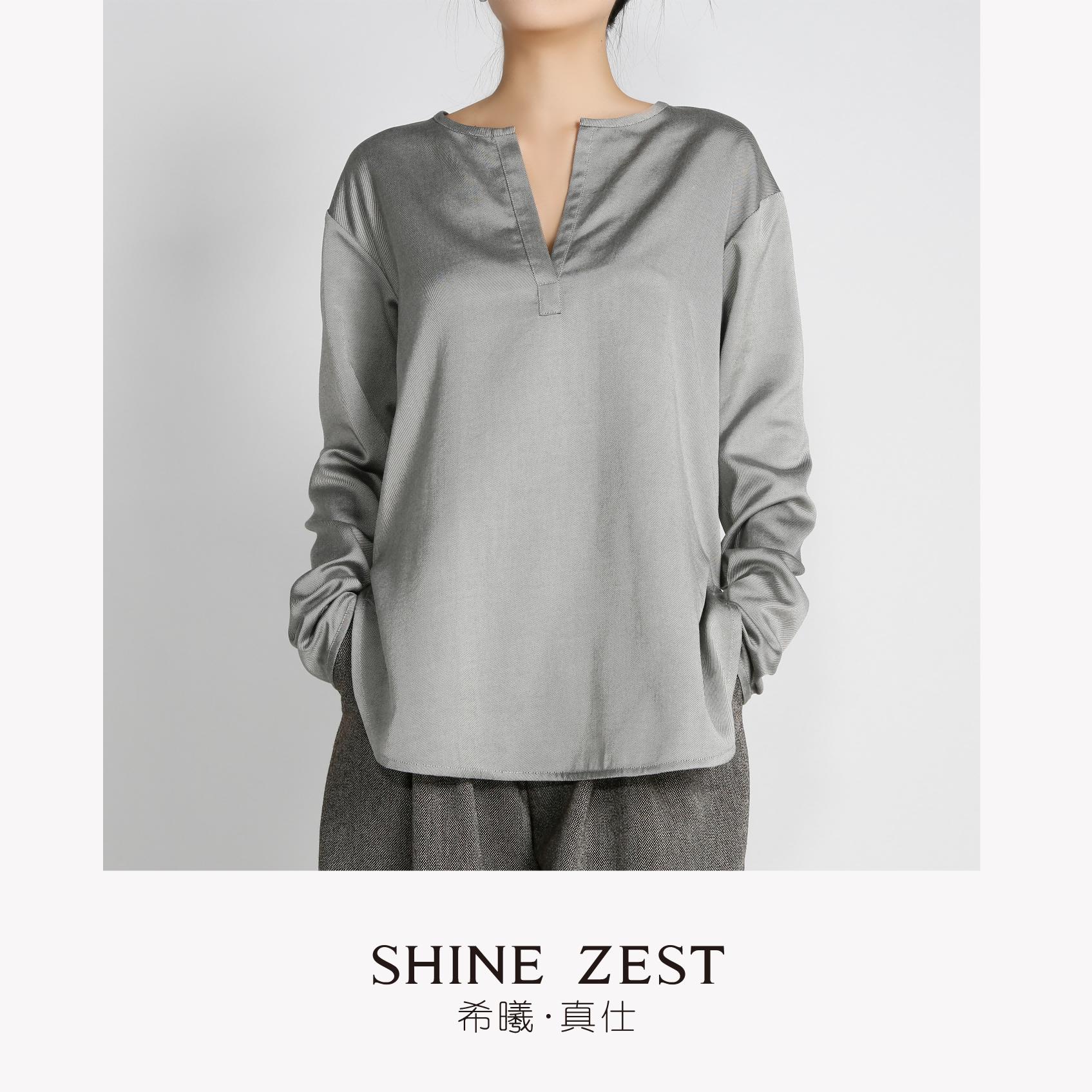 灰色斜纹真丝面料无领宽松廓形长袖衬衫