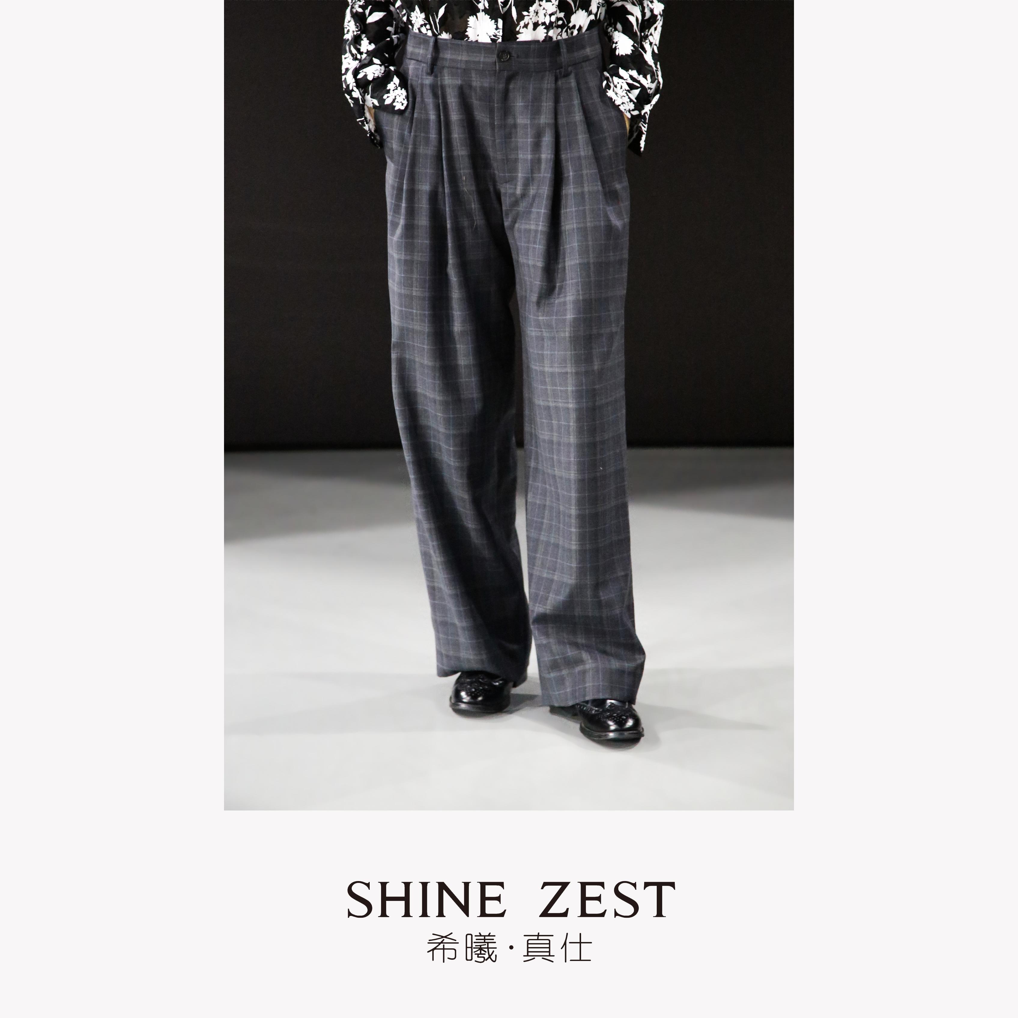 深灰色格纹精纺毛料腰间压褶宽松阔腿长裤