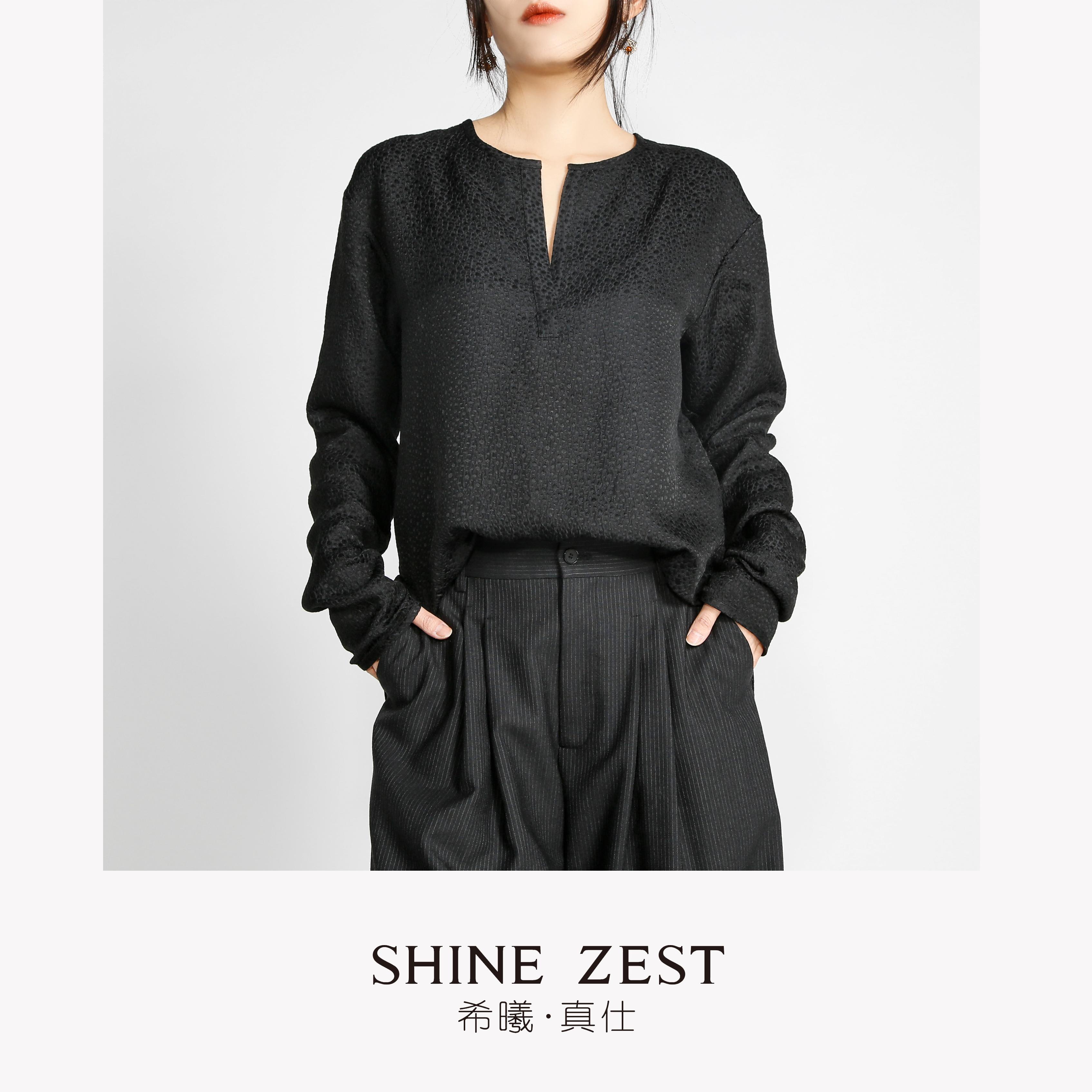 黑色肌理感真丝面料套头无领宽松廓形长袖衬衫