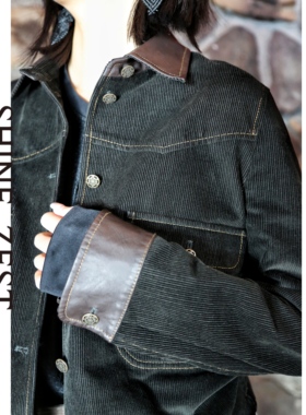 军军绿色条绒棉质面料翻领短款夹克款上衣