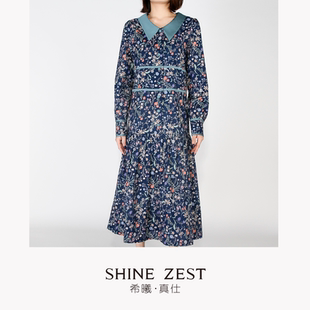 蓝色印花棉质面料拼接真丝材质长袖直身复古风连衣裙