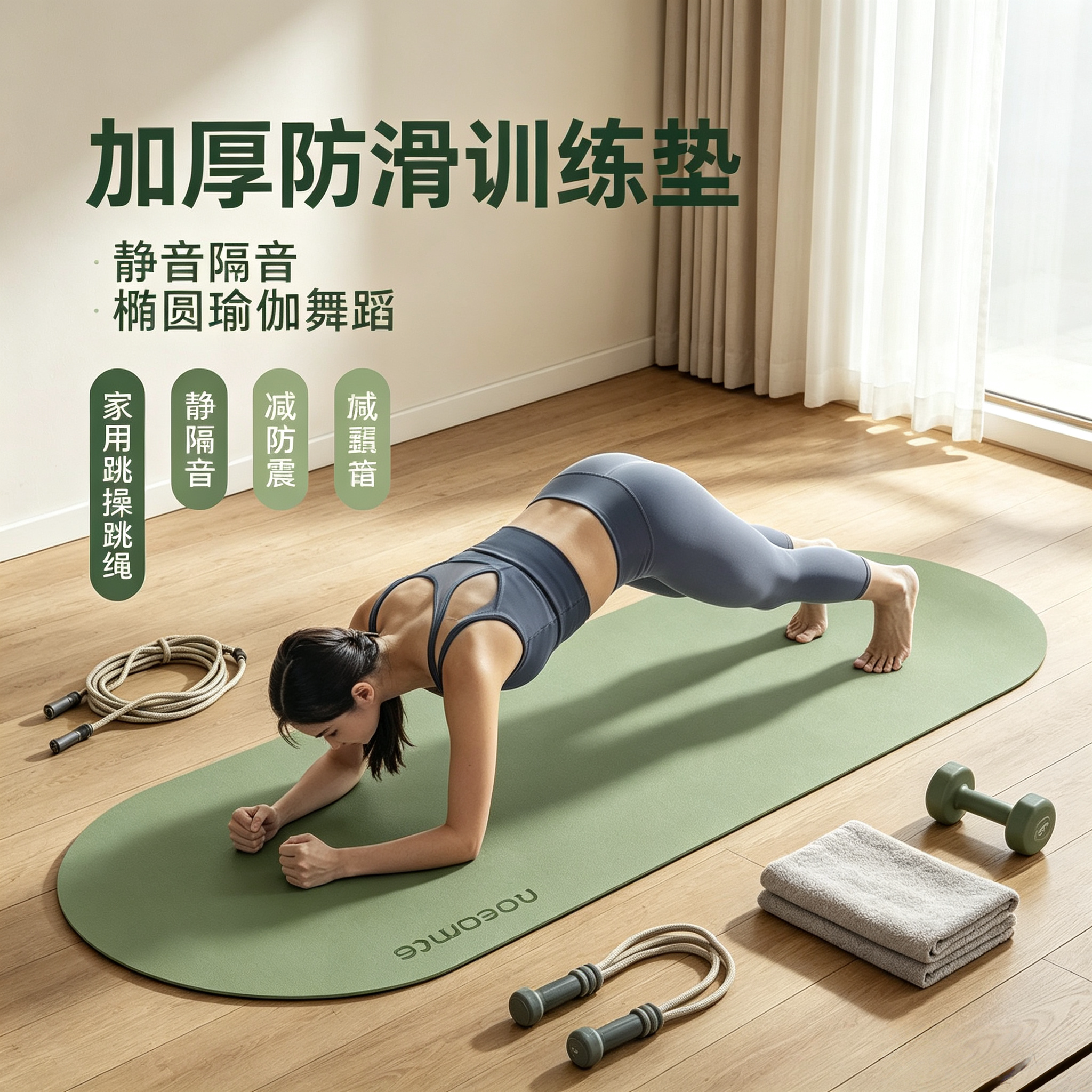 防滑加厚健身垫隔音训练跳绳瑜伽垫专业级减震垫跳操椭圆舞蹈耐磨