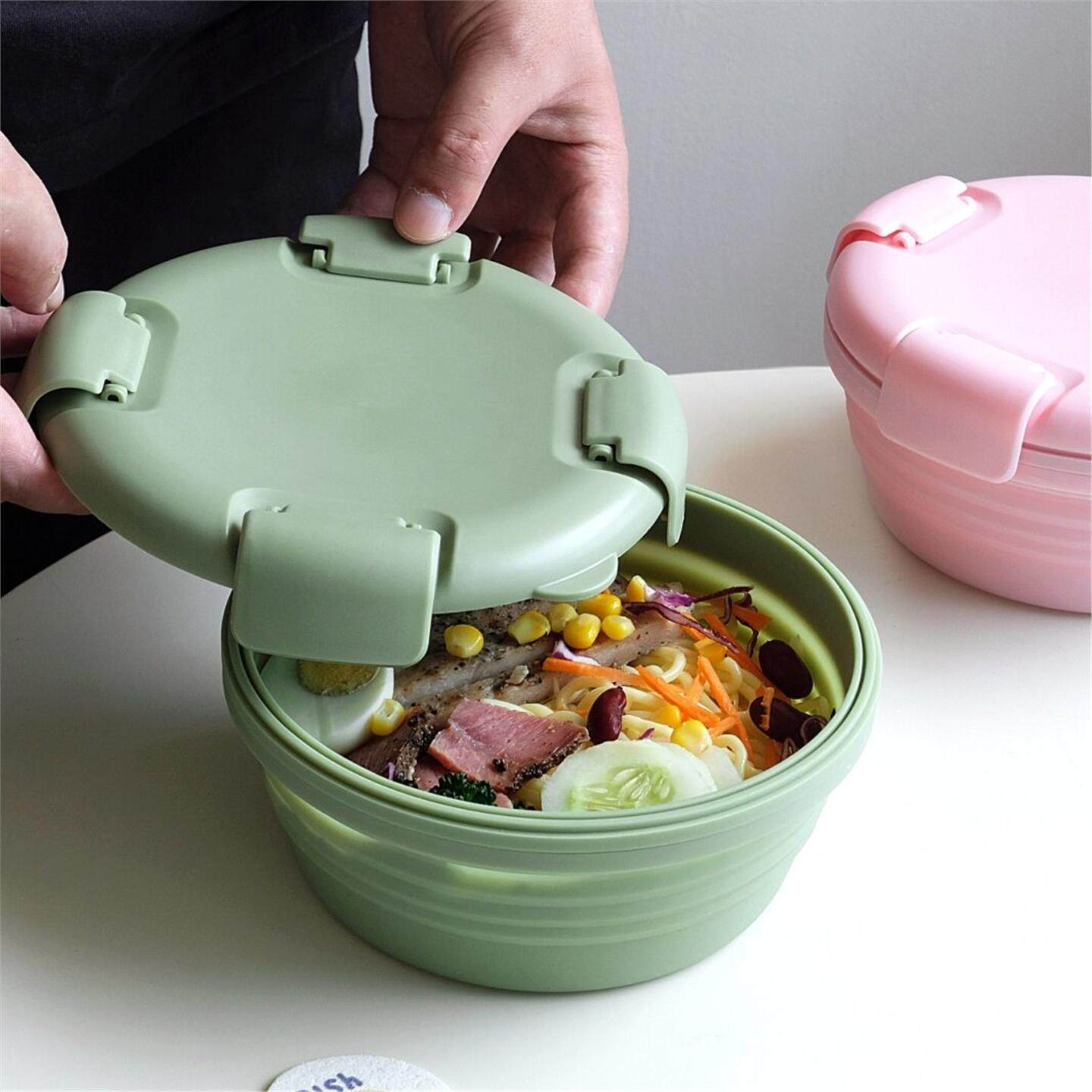 可折叠硅胶便当盒北欧风格马卡龙色饭盒 伸缩式户外野餐泡面碗