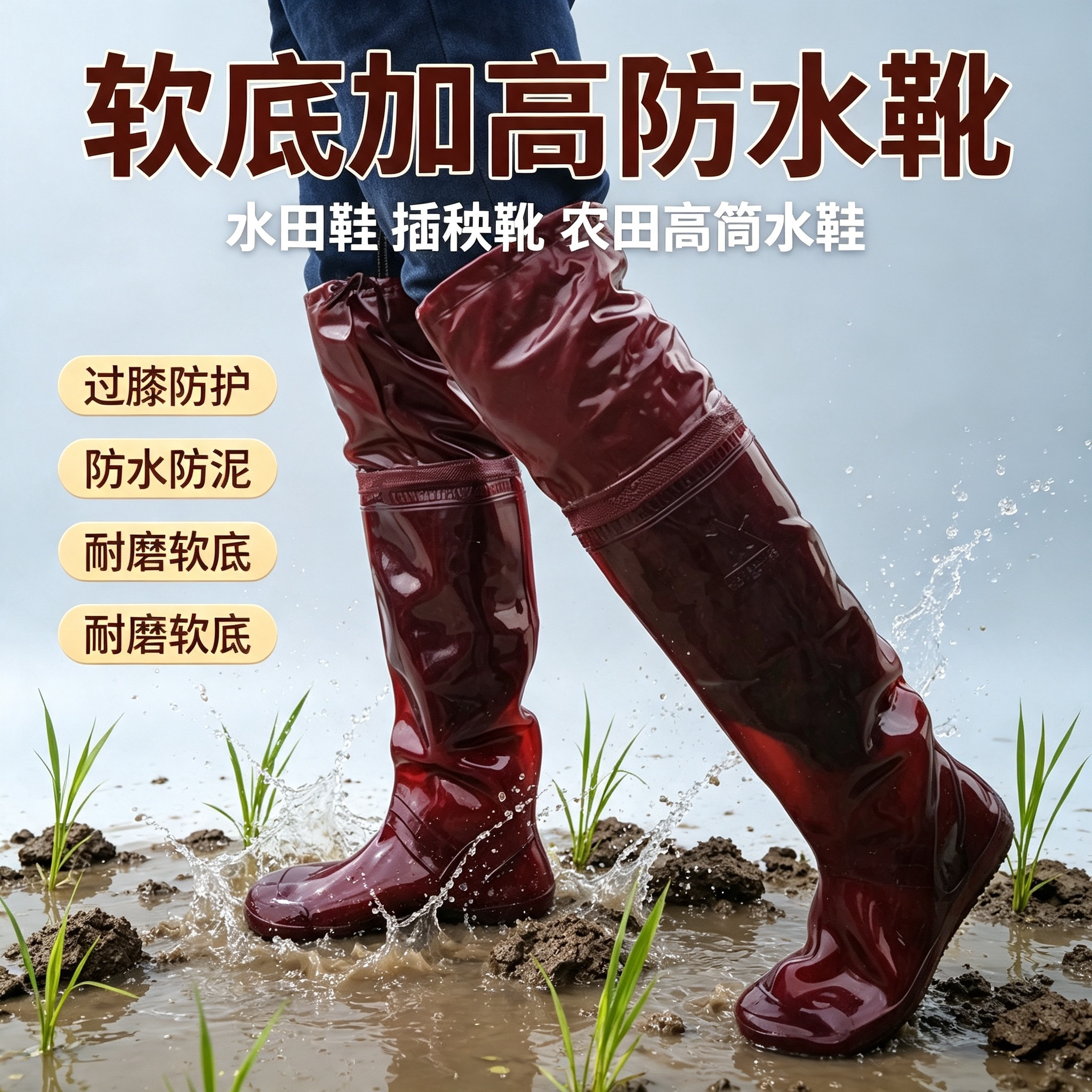 下田栽秧防水鞋加高雨靴过膝软底水田鞋农田鞋男女插秧靴高筒水鞋
