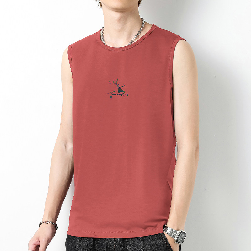 莫代尔背心男夏季冰丝速干凉感健身运动坎肩鹿头印花宽肩无袖t恤