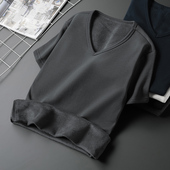 打底衫 秋冬季 V领内搭纯色半截袖 保暖内衣加绒加厚半袖 短袖 t恤男装