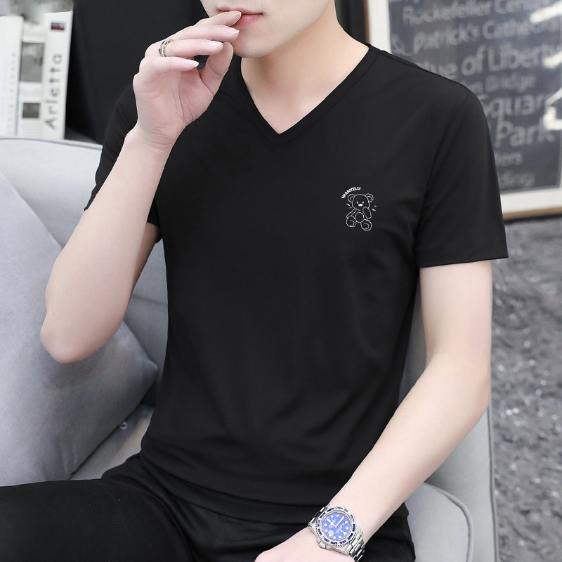 莫代尔小熊短袖t恤男装2026新款V领潮流夏季黑色上衣服冰丝半袖男