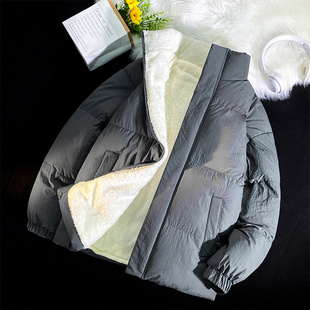 荧光绿棉服男士冬季羊羔绒内里毛绒棉衣情侣加厚保暖晋江棉袄外套