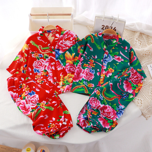 夏季薄款儿童东北大花棉绸对襟七分套装宝宝民族风休闲家居服汉服