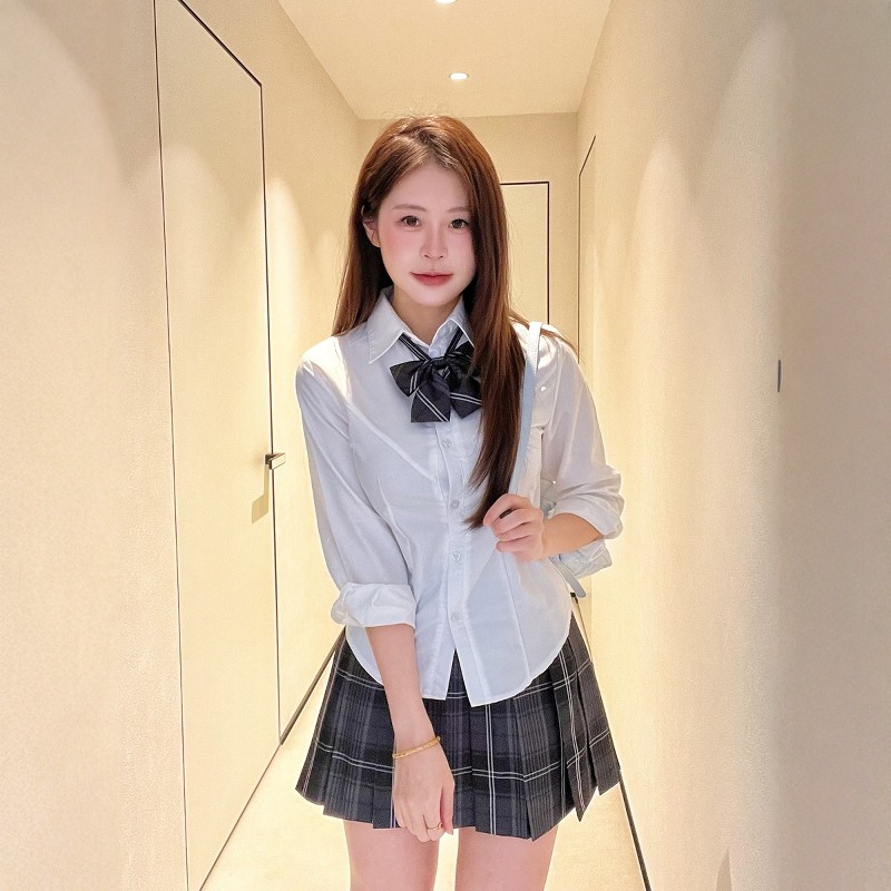 【杉木川大码JK】胖MM学院风制服白色收腰长袖衬衫衬衣格裙套装