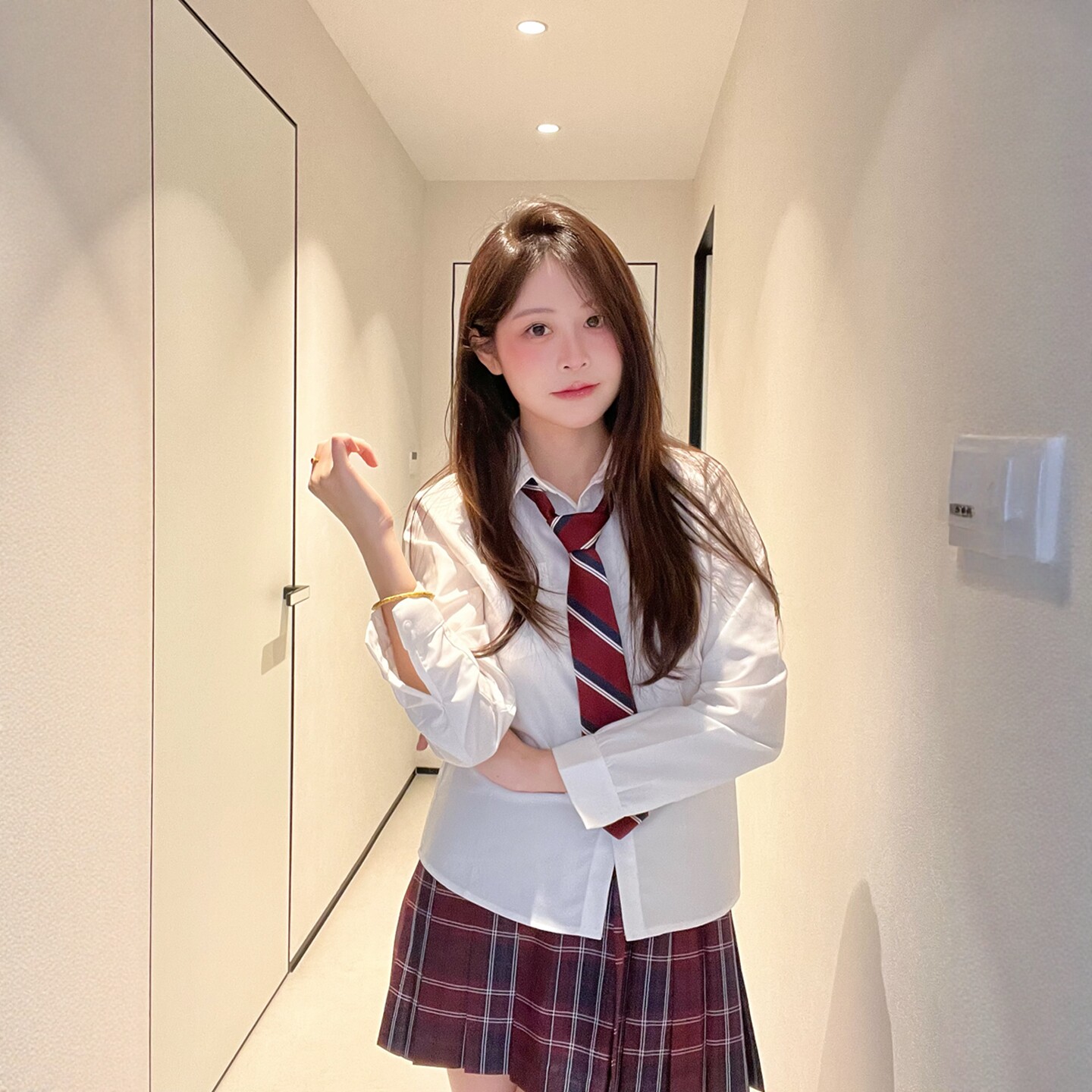 【杉木川大码JK】原创胖MM学院风制服格子裙长袖衬衫衬衣格裙套装