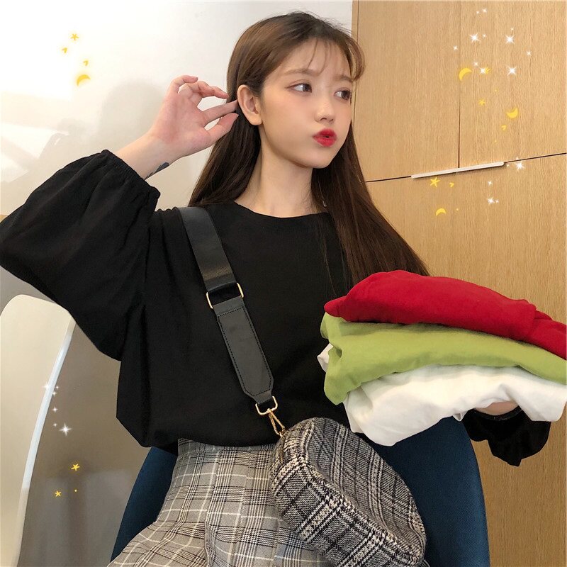 秋天内搭T恤女长袖百搭配高腰裤阔腿裤牛仔背带裤里面配的上衣服