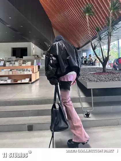 RO-Style Pink Panel Coated High-Waist Flared Distressed Washed Skinny Jeans Unisex Streetwear