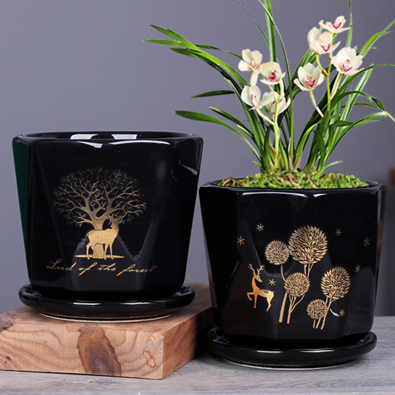 欧式花盆陶瓷大号清仓带托盘一组两个创意白色桌面绿萝简约兰花盆