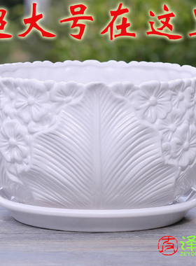 白色特大号陶瓷花盆带托盘有孔 桌面阳台简约个性多肉植物盆包邮