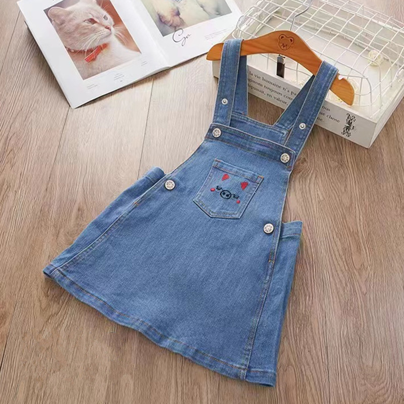 洋气女童刺绣背带裙春装新款外贸儿童宝宝休闲弹力裙子春秋牛仔裙