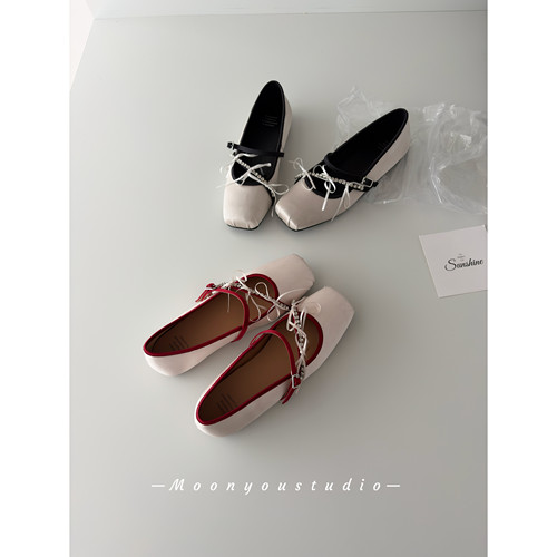 Moomyou 重工真丝方头复古一字带浅口平底玛丽珍单鞋女气质芭蕾鞋