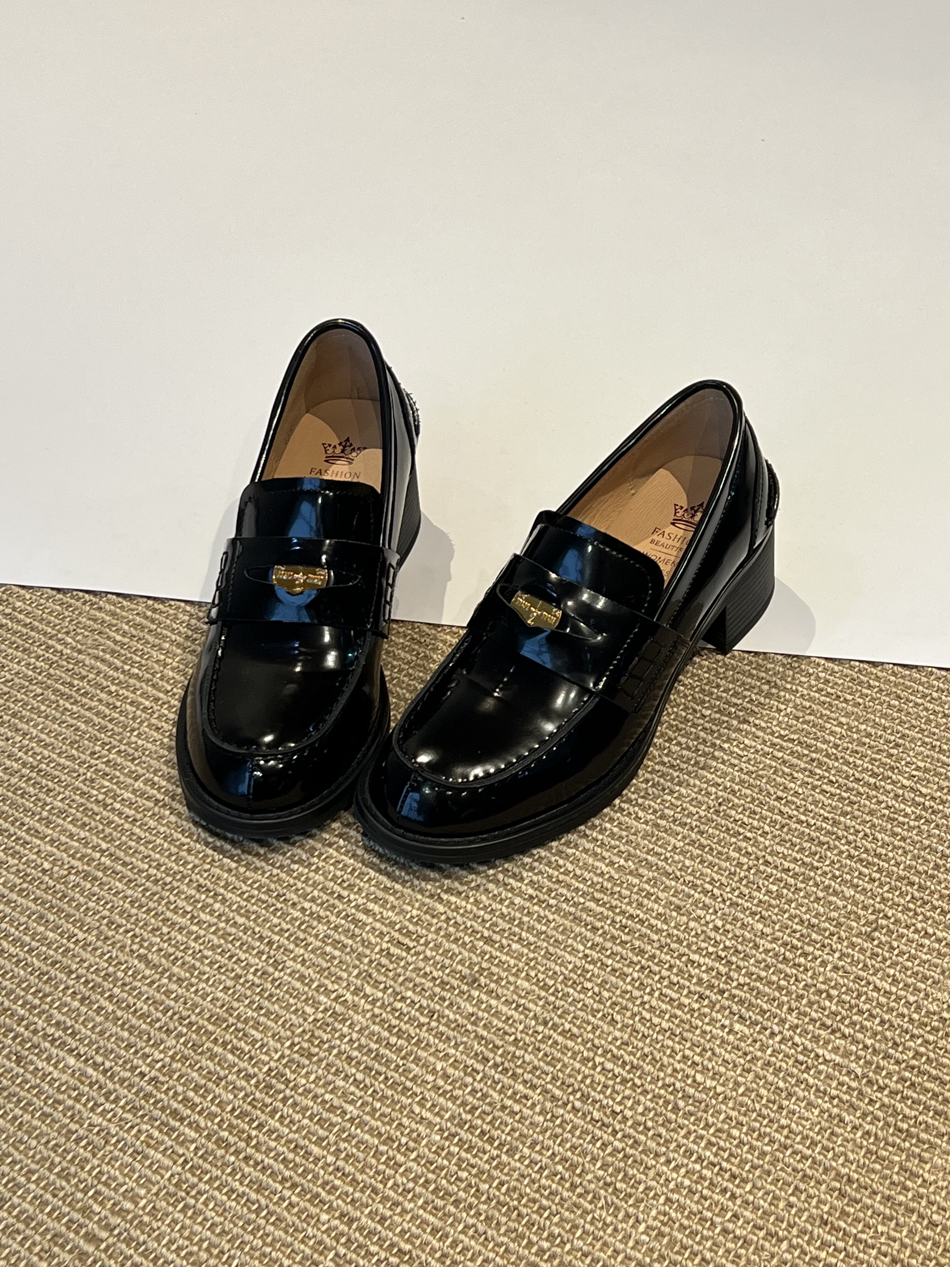 Claudie定制 牛皮圆头厚底金币一脚蹬乐福鞋女秋冬百搭显瘦小皮鞋