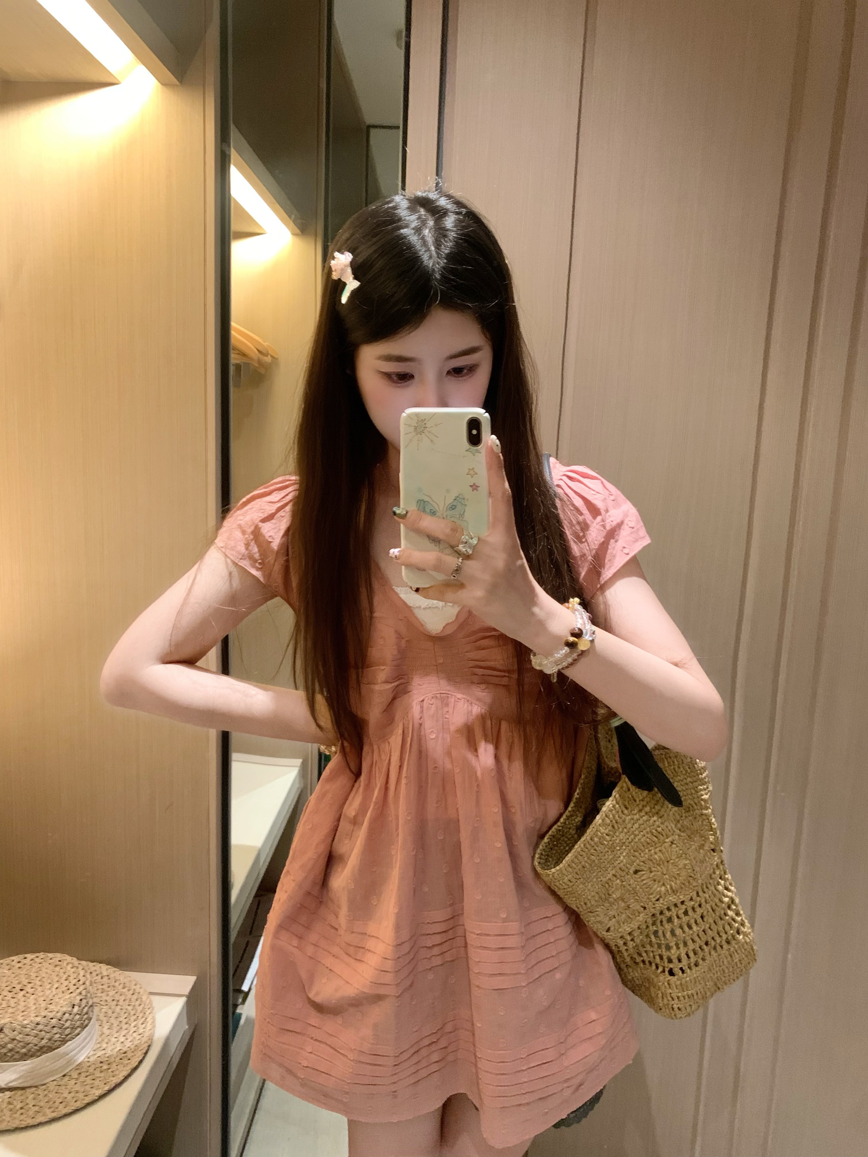 PINKMOON/粉屿晚风 纯棉提花波点小衫 古早感树莓粉显白上衣裙