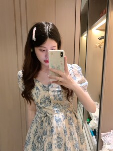 PINKMOON/江南烟雨 复古感碎花长款连衣裙夏日 水墨感蓝色裙