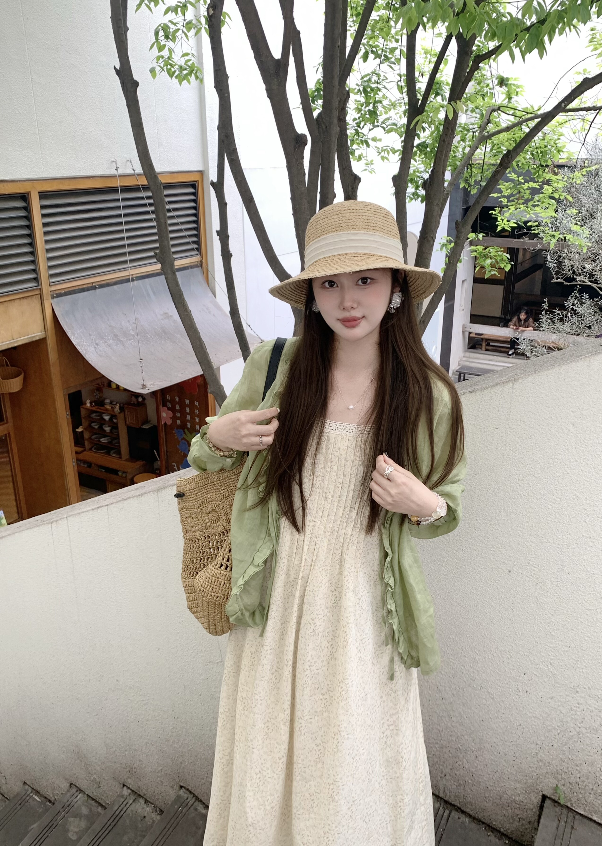 PINKMOON/青雾漫花 全苎麻绿色开衫上衣 淡雅宽松吊带碎花裙