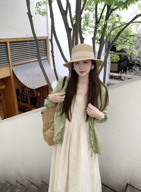 PINKMOON/青雾漫花 全苎麻绿色开衫上衣 淡雅宽松吊带碎花裙