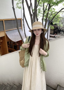 PINKMOON/青雾漫花 全苎麻绿色开衫上衣 淡雅宽松吊带碎花裙