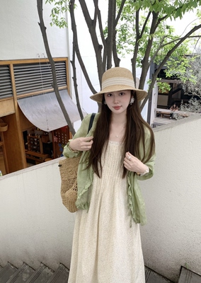 PINKMOON/青雾漫花 全苎麻绿色开衫上衣 淡雅宽松吊带碎花裙