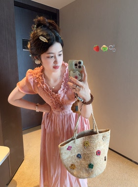 PINKMOON/樱风絮语 法式v领粉色连衣裙韩系显白气质格纹长裙