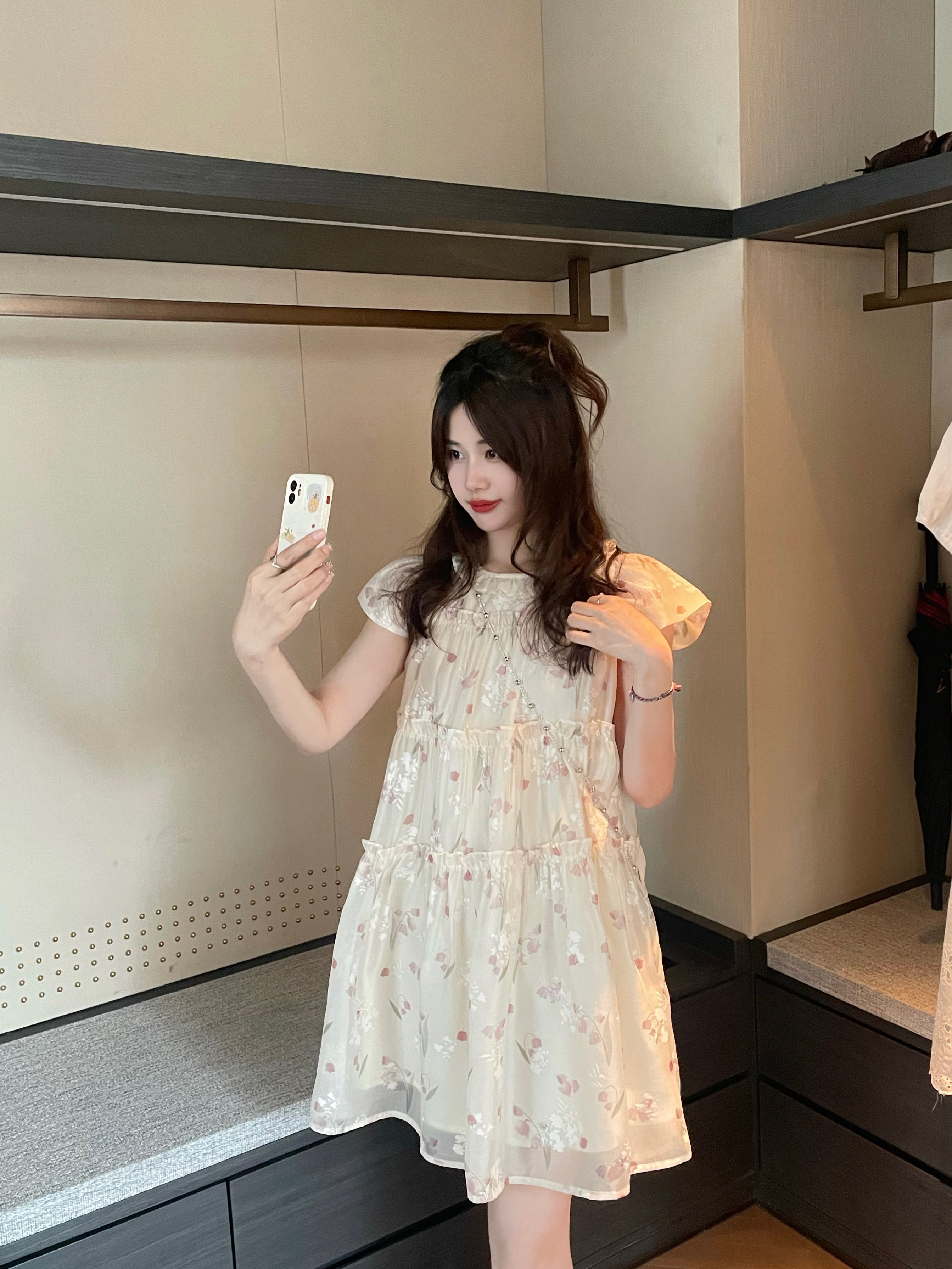 pinkmoon/铃兰少女 夏日碎花连衣裙 俏皮甜美花瓣袖短裙