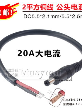 2平方加粗DC5.5*2.1单公头上锡电源线大电流19A监控插头线1/2/3米