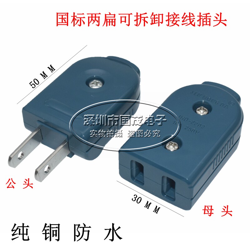 国标两扁可拆卸接线插头加厚全铜防水箱电源全铜二脚母插头