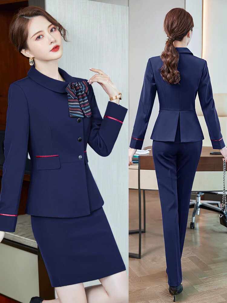 秋冬职业装套装女美容师工作服长袖酒店前台餐厅服务员售楼部工装