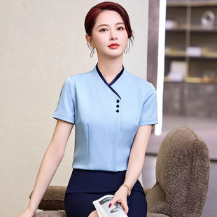 职业装衬衫女夏季短袖收银服务员衬衣工作服套装气质酒店前台工装