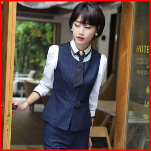 前台工作装 职业马甲套装 美容院酒店工作服时尚 秋冬工装 女条纹新款
