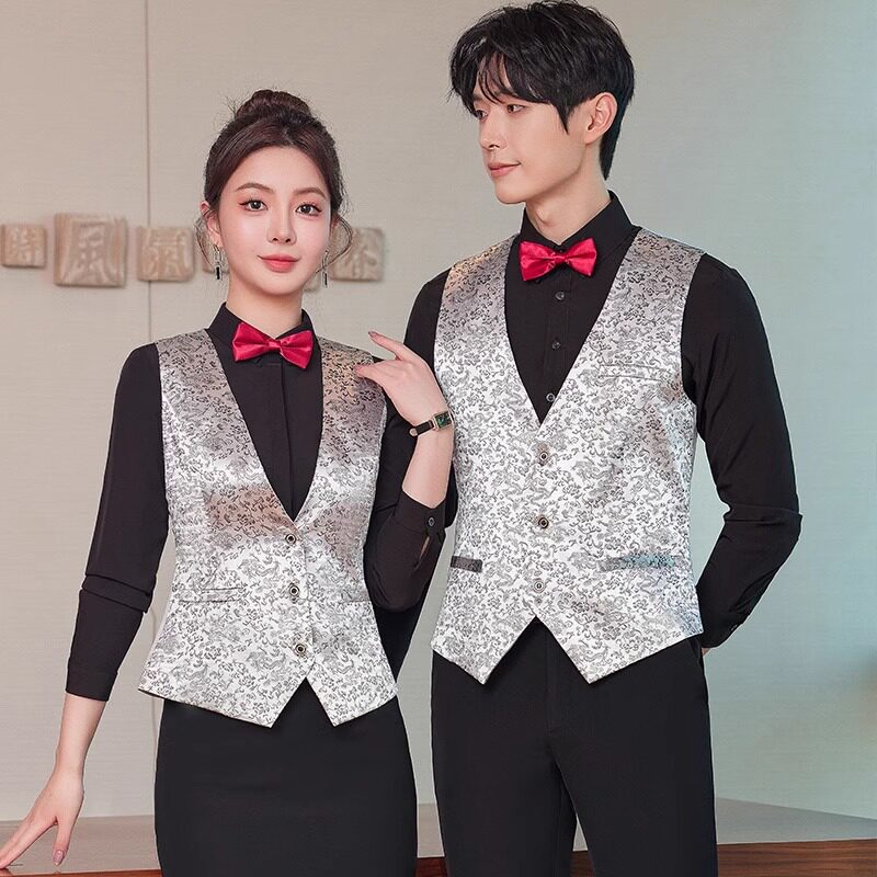 印花西装马甲套装男女同款春秋酒店前台工作服务员工装职业装马夹