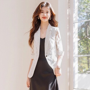 白色小西装外套女夏薄款高级感网纱中袖西服上衣吊带连衣裙两件套