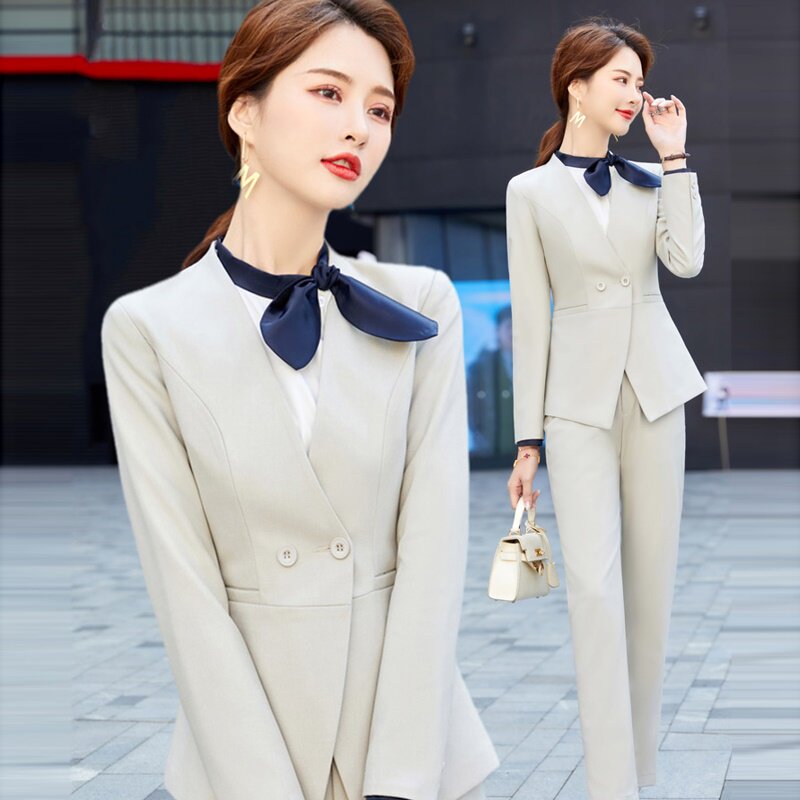 高端职业套装女上班气质经理售楼部OL空姐制服无领杏色西装工作服