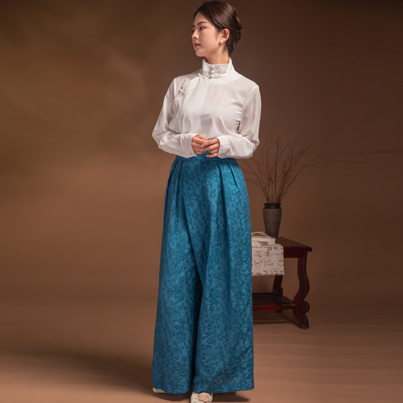 高腰国风凤绮如阔腿长裤褶裥
