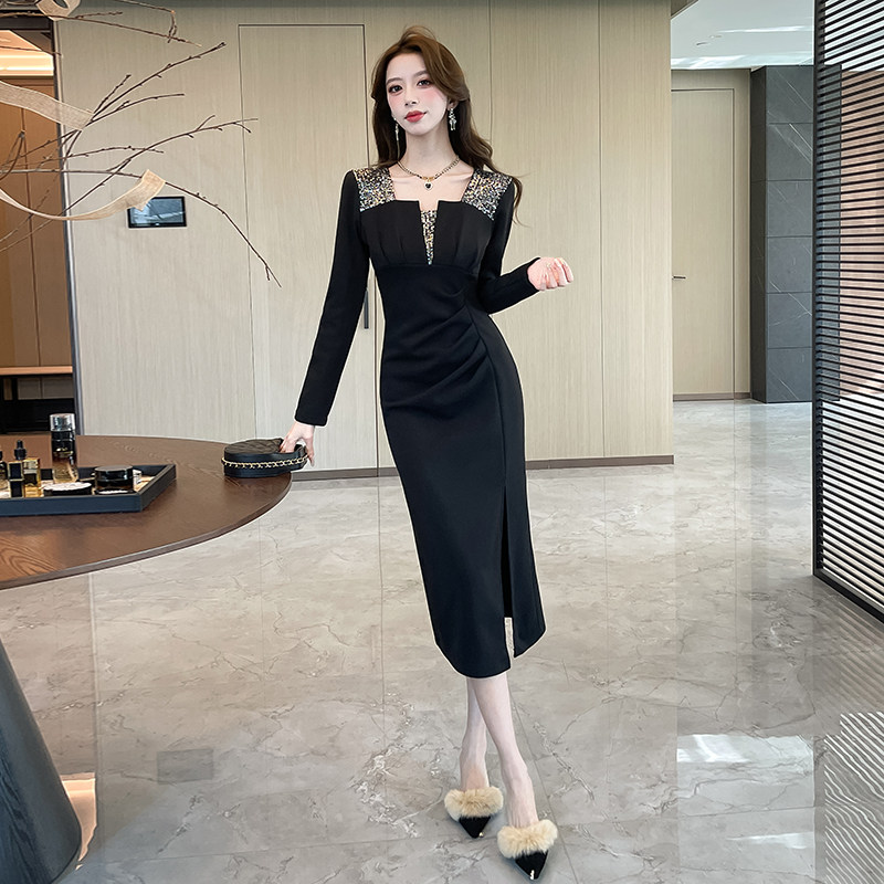 时尚包臀裙黑色亮片拼接连衣裙女