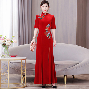 走秀旗袍新款高端优雅气质红色长款舞台表演服改良弹力大码形体服